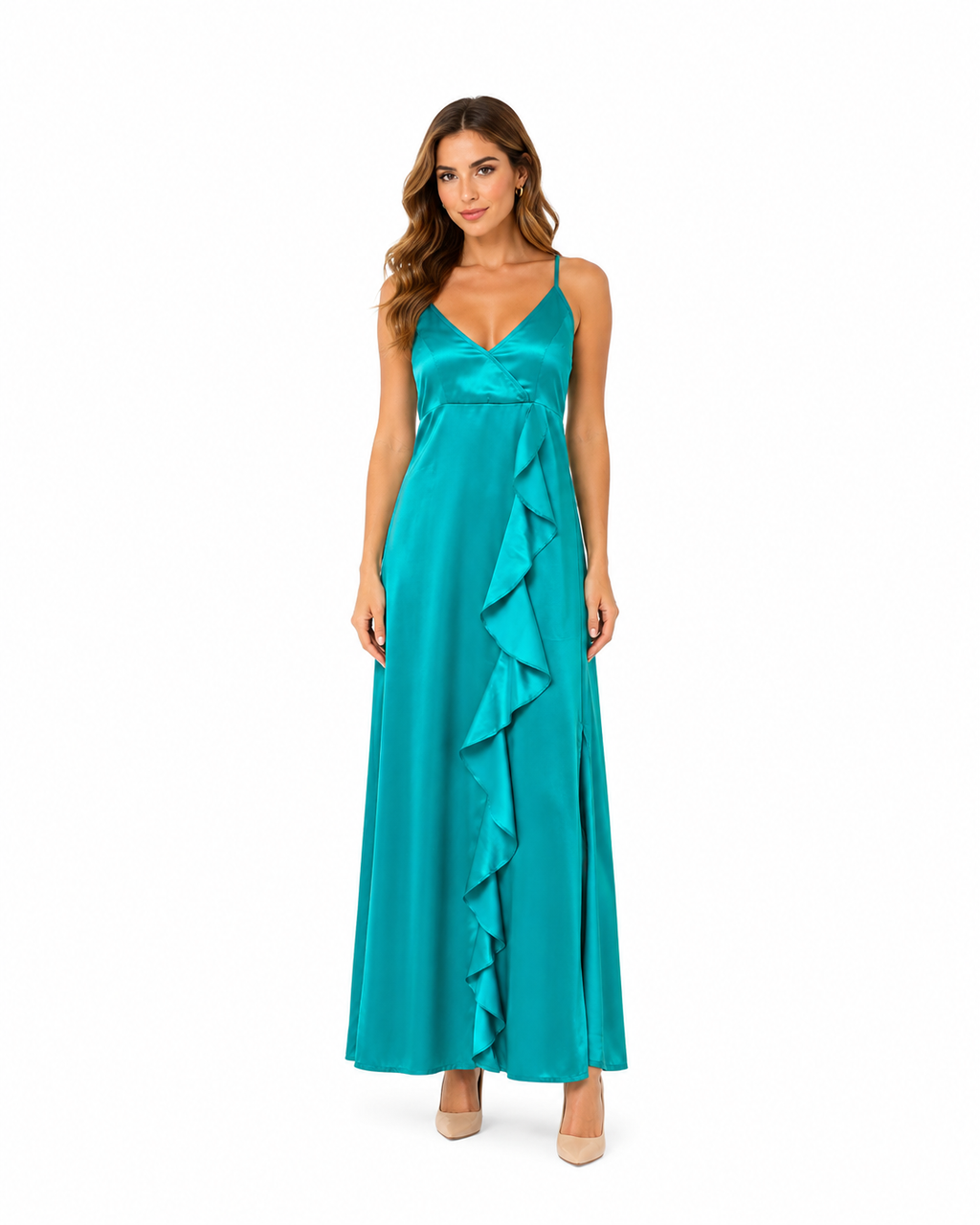 Arriendo de vestido largo celeste de seda con vuelos