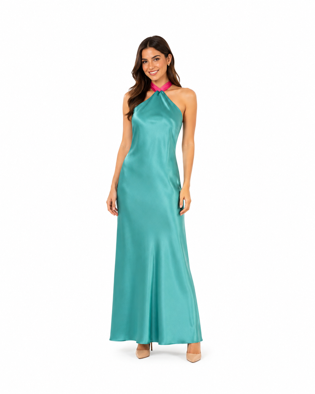 Arriendo de vestido celeste con fucsia halter largo