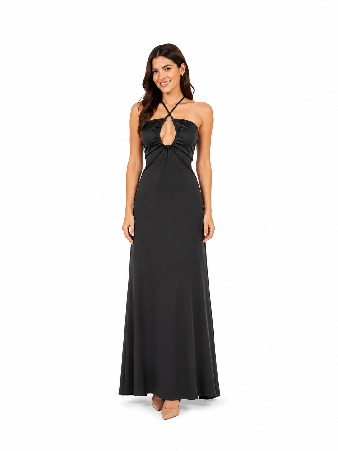 Arriendo de vestido negro lycra largo con cut out elasticado
