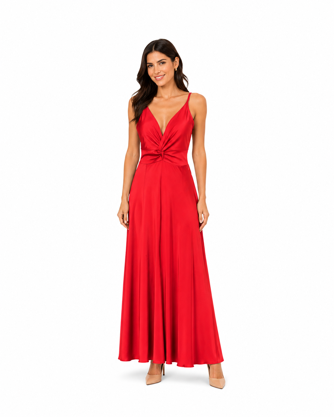 Arriendo de vestido largo rojo con nudo y tajo elasticado
