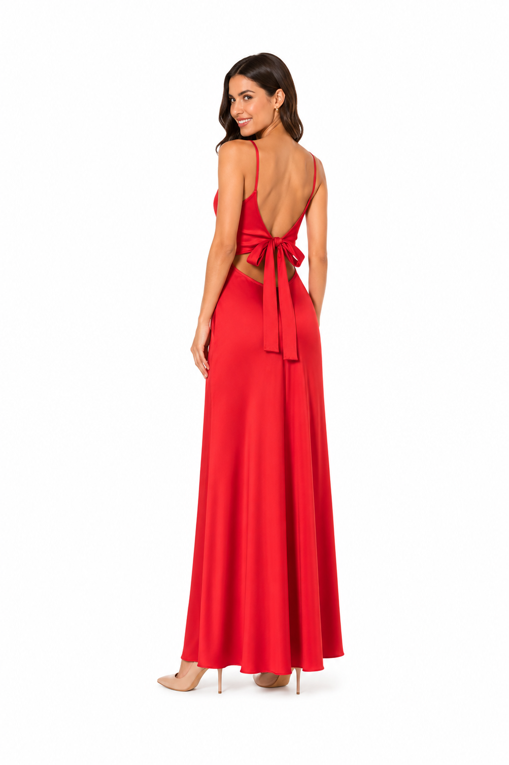 Arriendo de vestido largo rojo con nudo y tajo elasticado