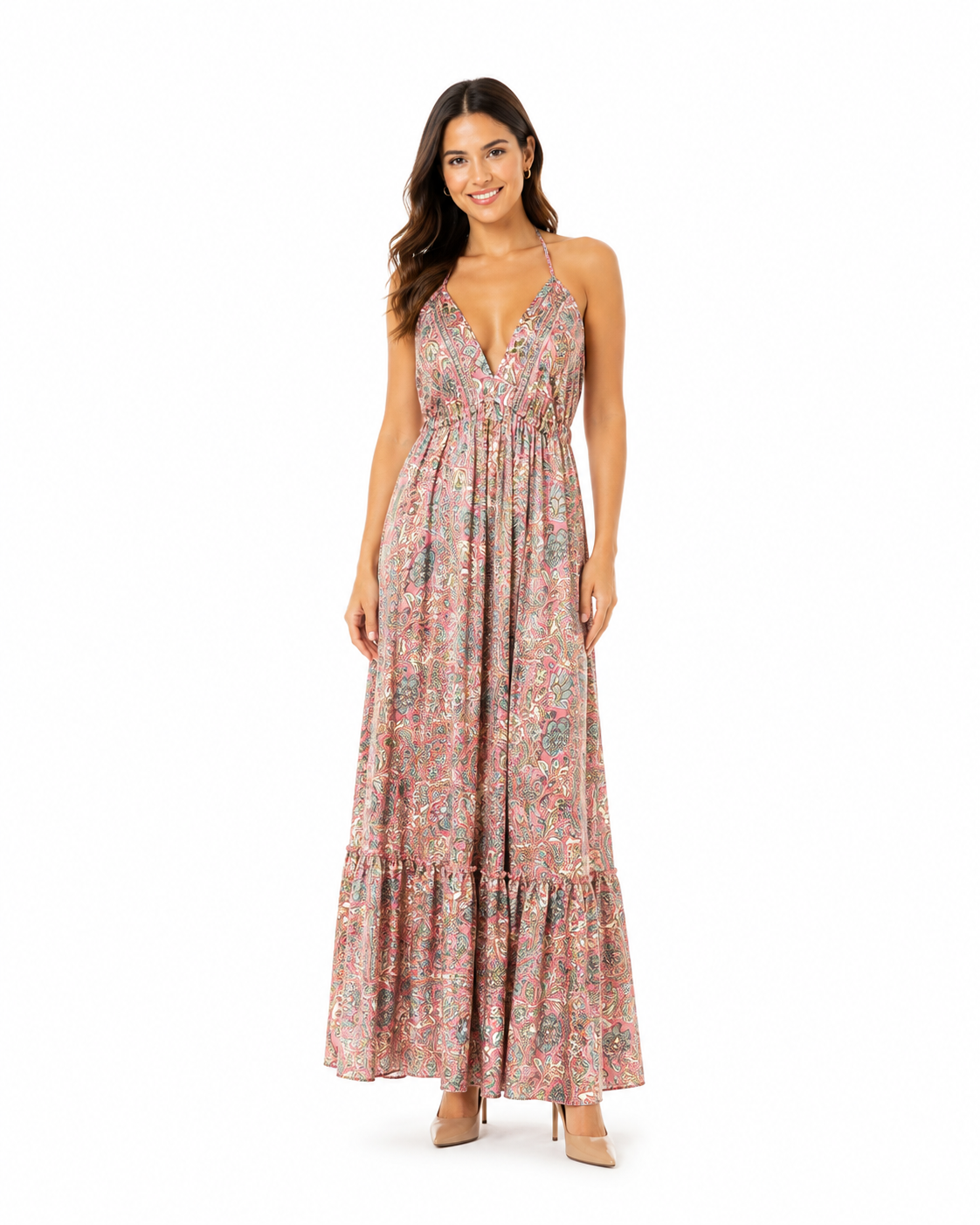Arriendo de vestido largo con estampado amarre al cuello