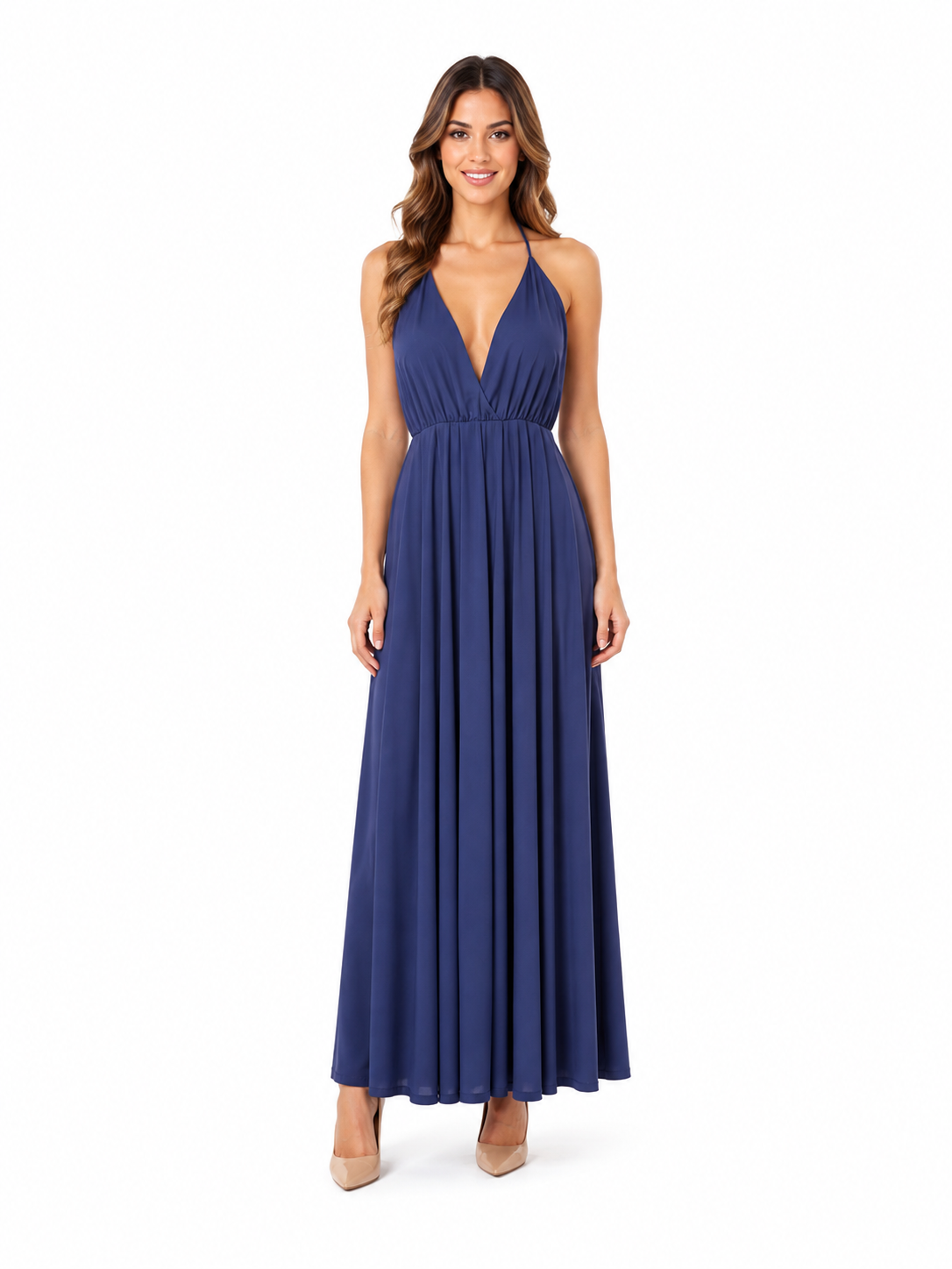 Arriendo de vestido largo azul marino tiras ajustables