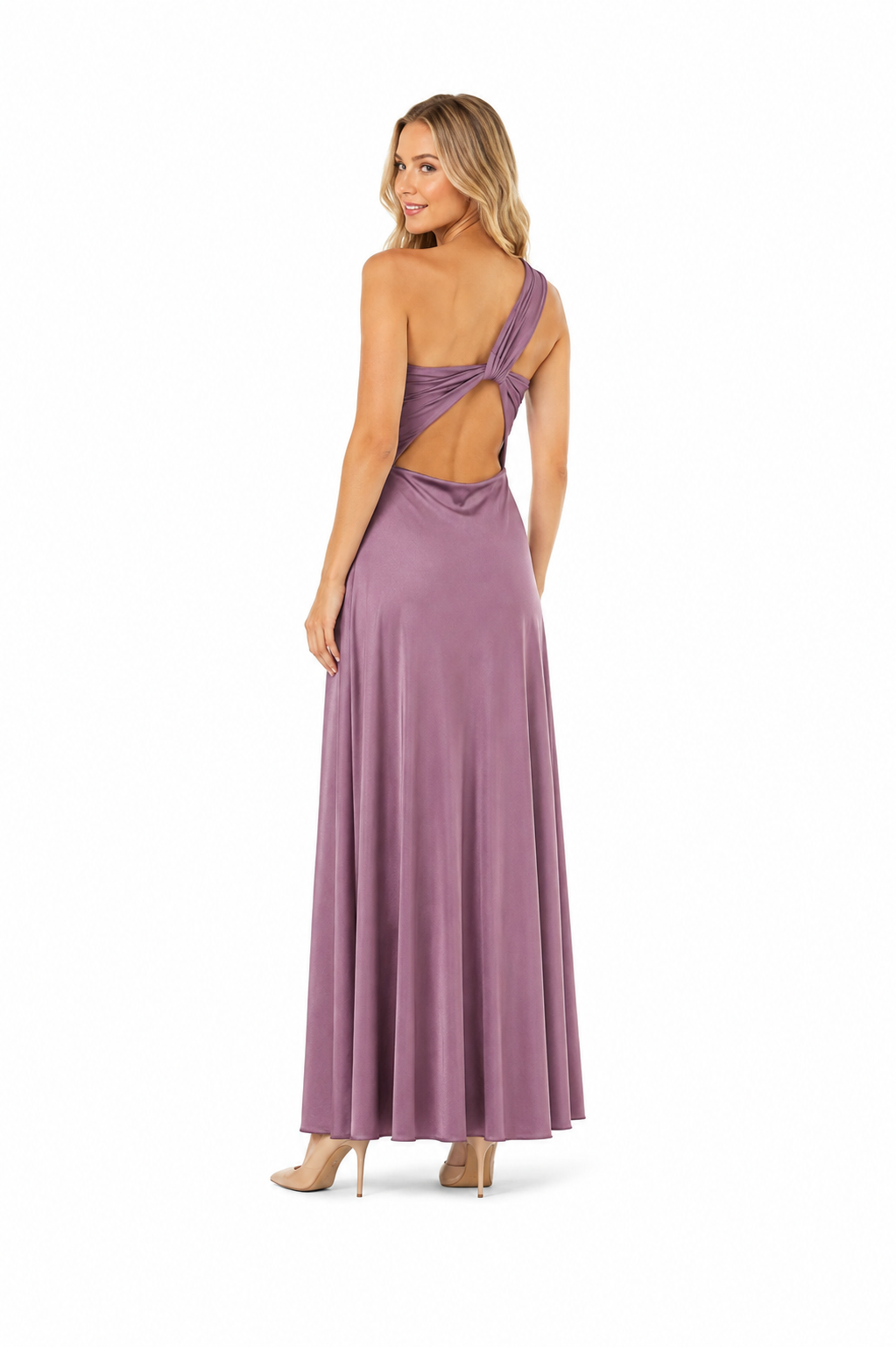 Arriendo de vestido largo lila oscuro con cut out