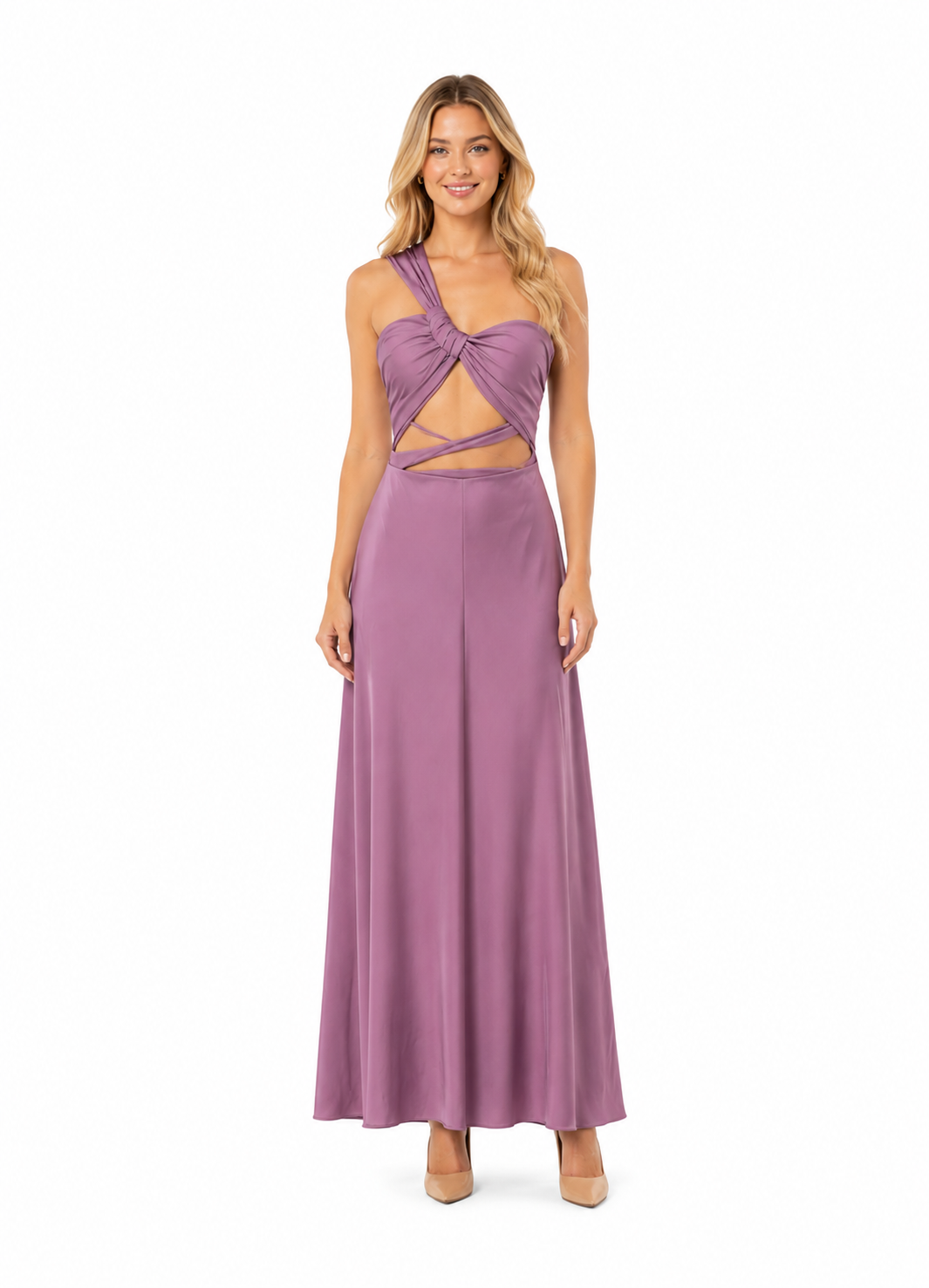 Arriendo de vestido largo lila oscuro con cut out