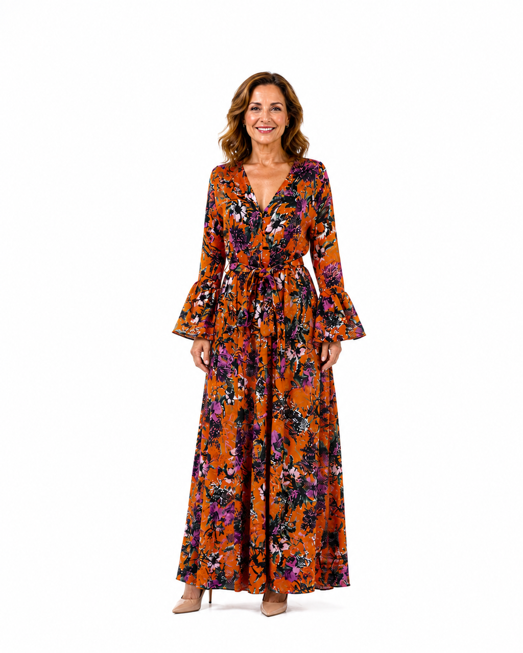Arriendo de vestido largo naranjo estampado marca It Velvet