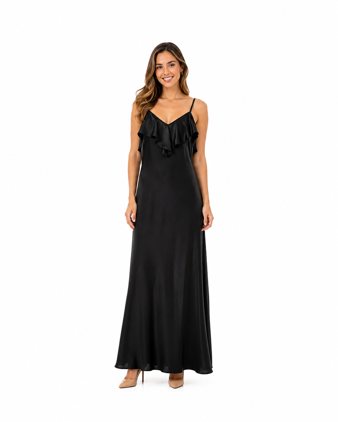 Arriendo de vestido largo de seda negro con vuelos marca CDP