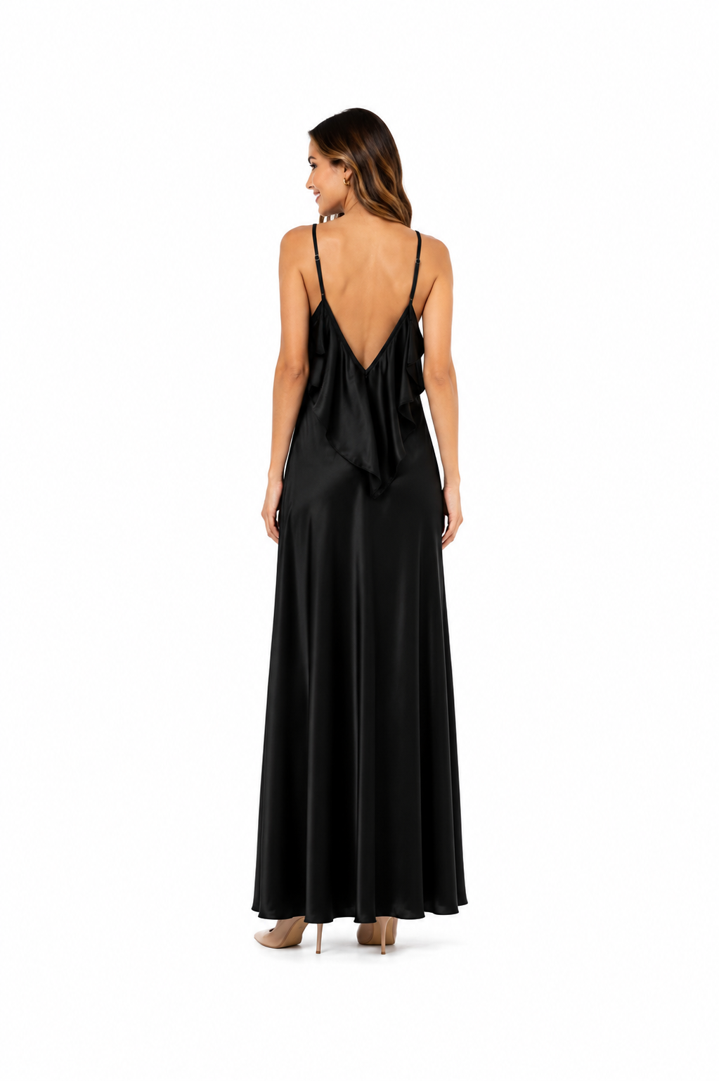 Arriendo de vestido largo de seda negro con vuelos marca CDP