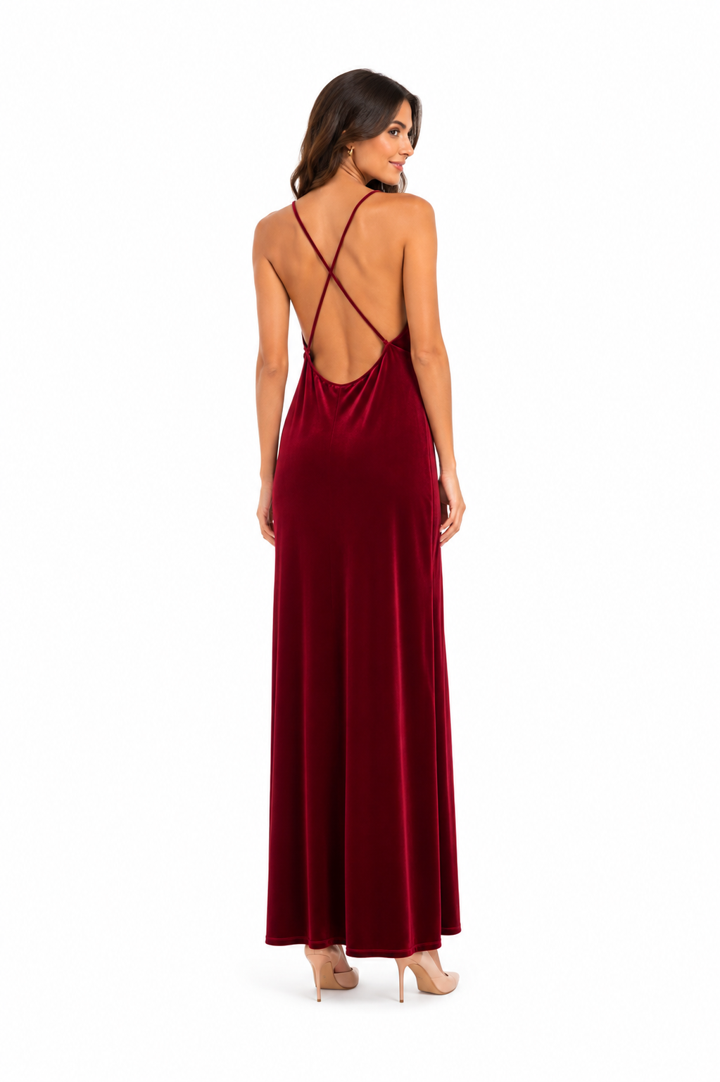 Arriendo de vestido largo burdeo con detalles dorados