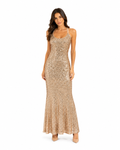 Arriendo de vestido dorado con lentejuelas largo