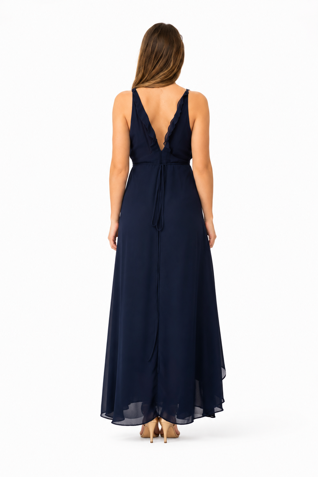 Arriendo de Vestido azul marino vuelitos escote y espalda