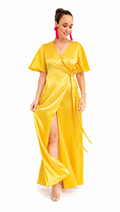 Arriendo de Vestido Largo dorado de seda con mangas cruzado