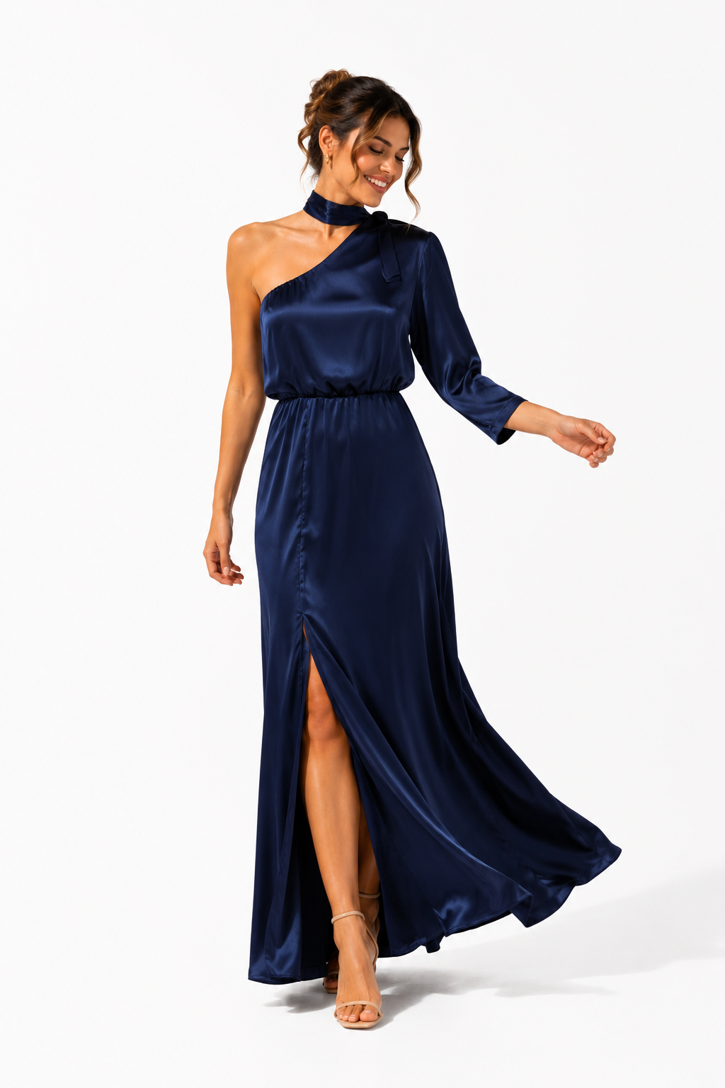 Vestido azul de seda asimétrico con tira skoker al cuello