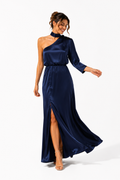 Vestido azul de seda asimétrico con tira skoker al cuello