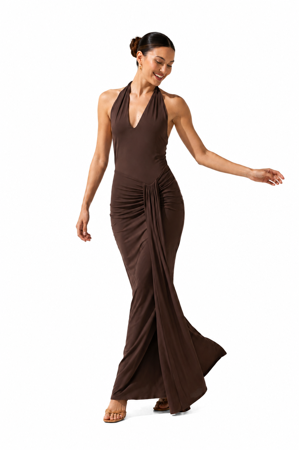 Arriendo de Vestido largo café Colección Colombia BAOBAB