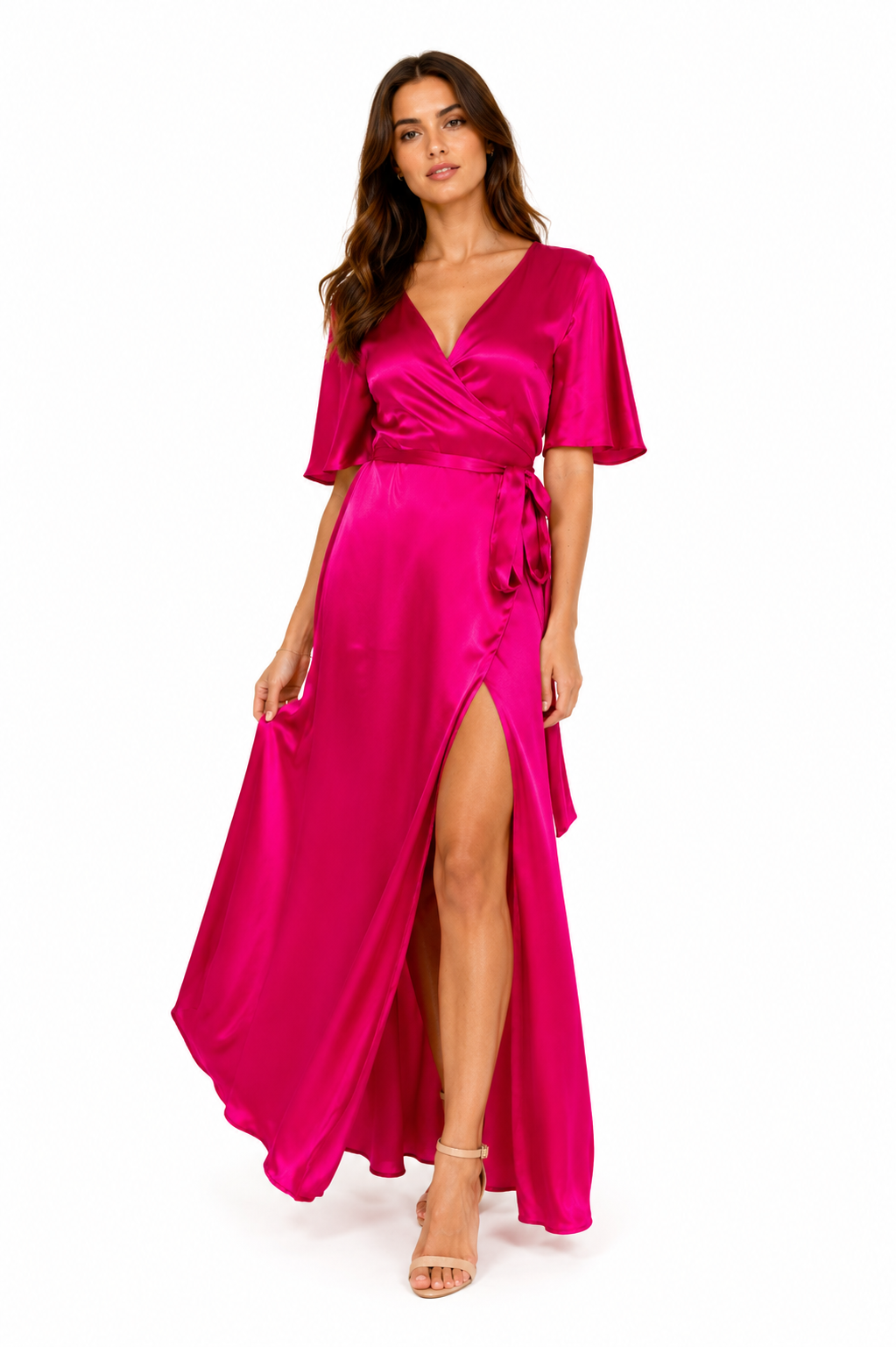 Arriendo de Vestido Fucsia seda con mangas cruzado