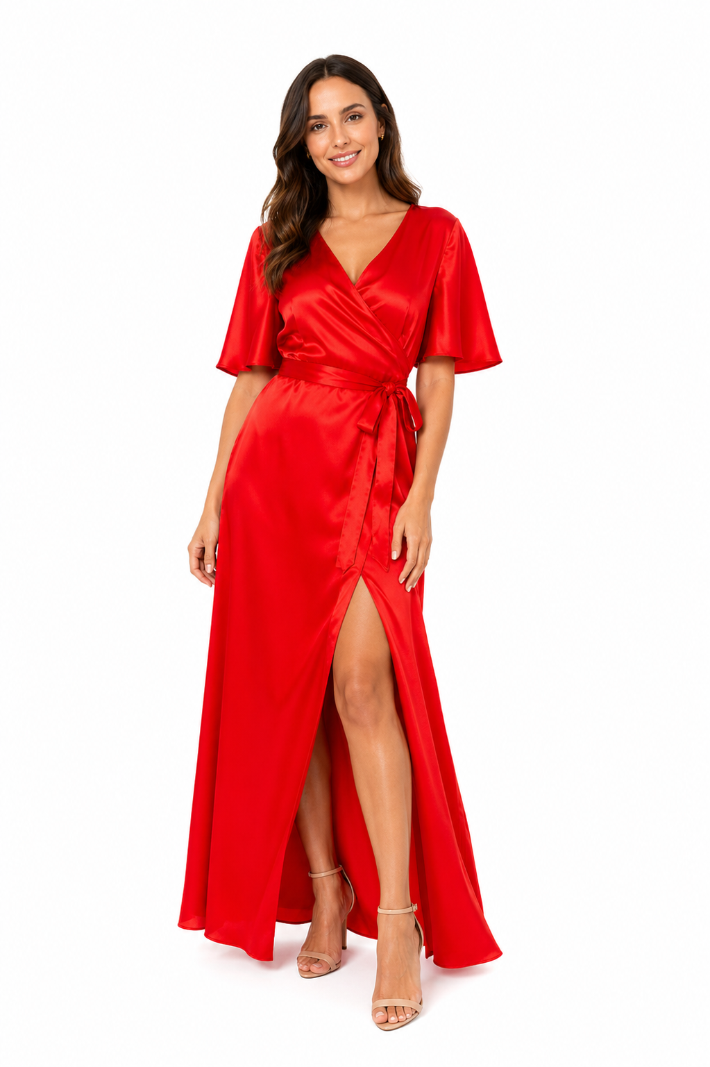 Arriendo de Vestido Largo con mangas seda rojo cruzado
