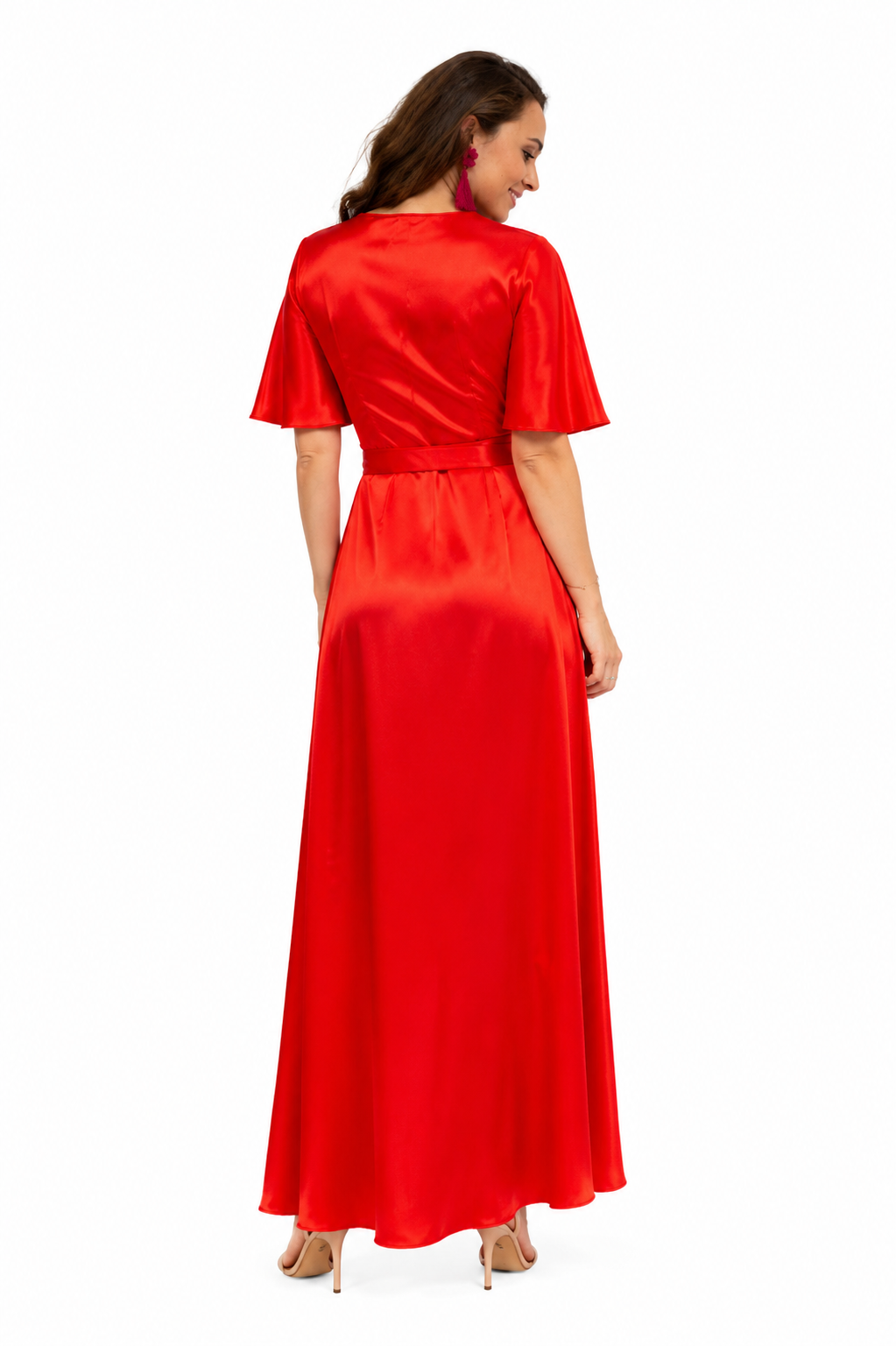 Arriendo de Vestido Largo con mangas seda rojo cruzado