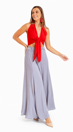 Arriendo de Conjunto top rojo amarre delantero sin espalda, pollera gris amarre costado
