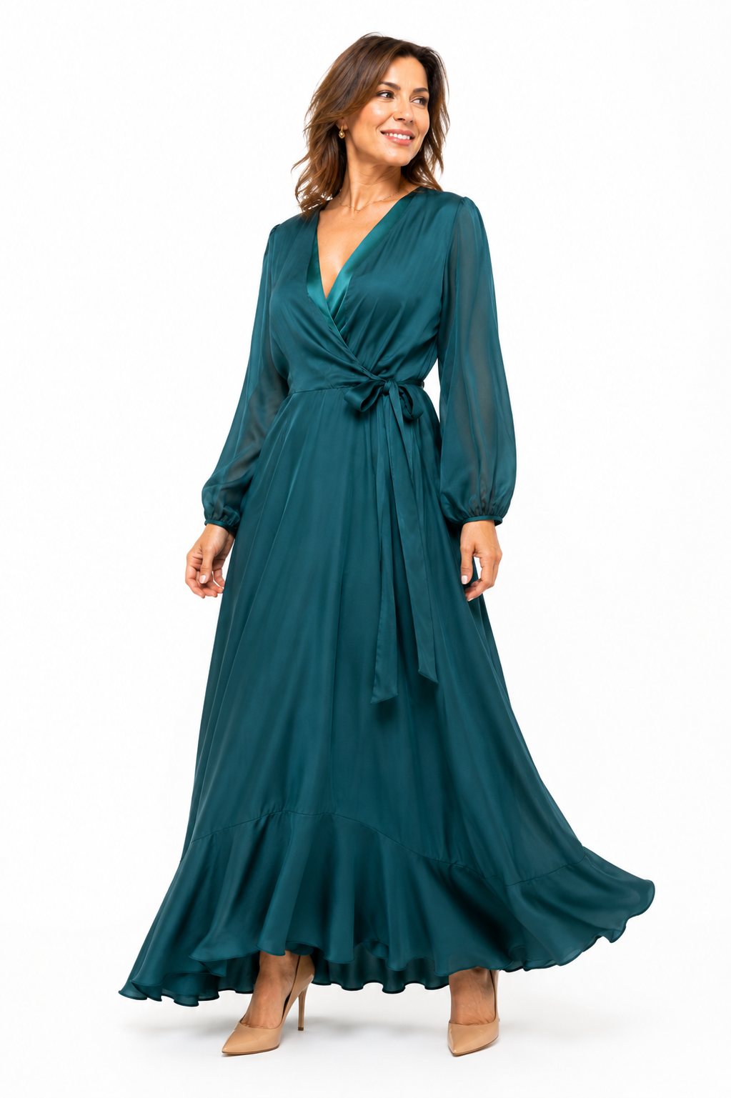Arriendo de vestido petroleo mangas transparentes