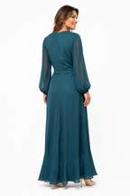 Arriendo de vestido petroleo mangas transparentes