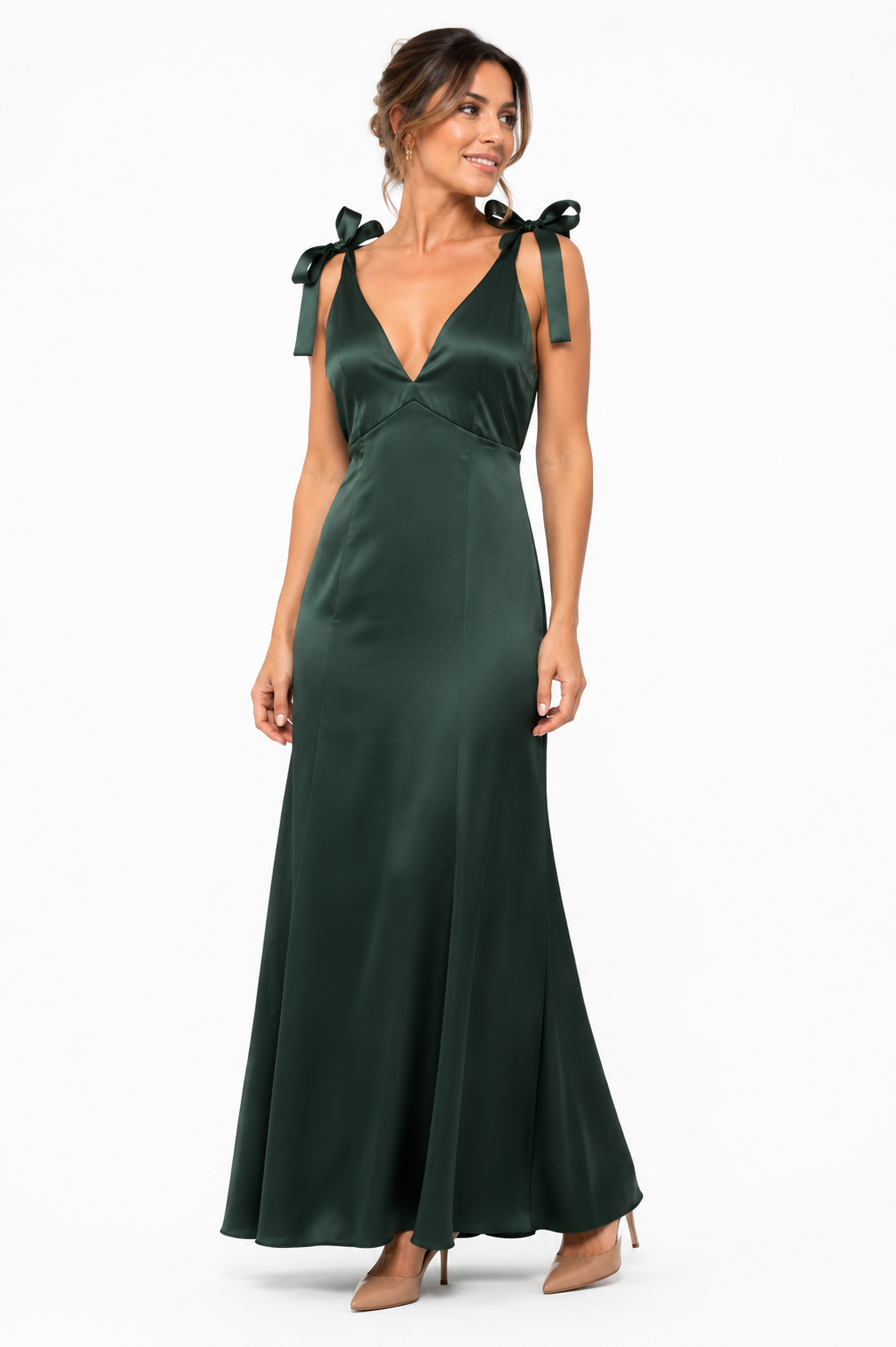 Arriendo de vestido verde botella con amarre en hombros