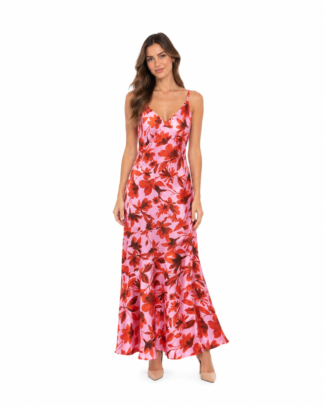 Arriendo de vestido largo rosado con flores marca dress forum