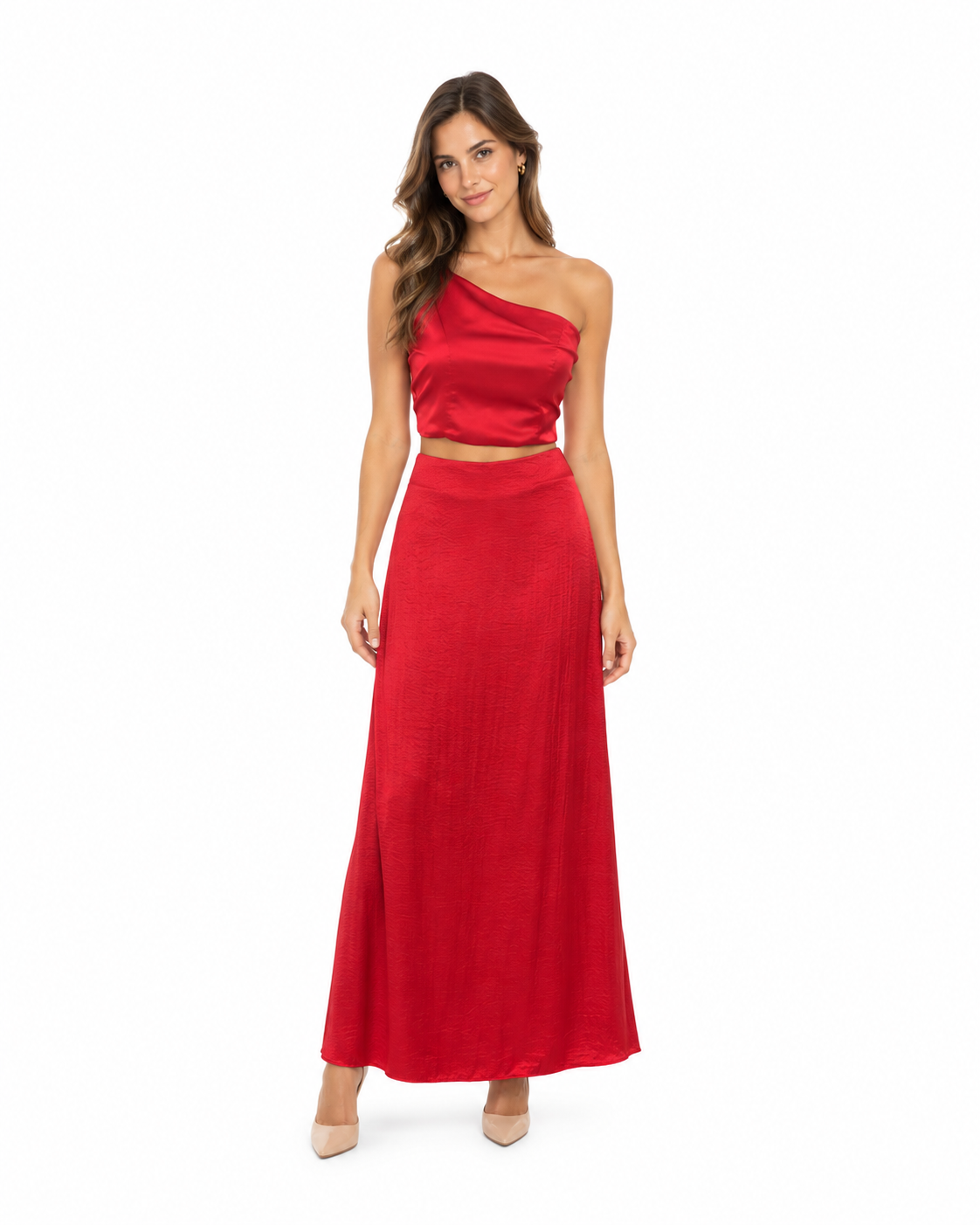 Arriendo de conjunto de seda color rojo un hombro marca Debut