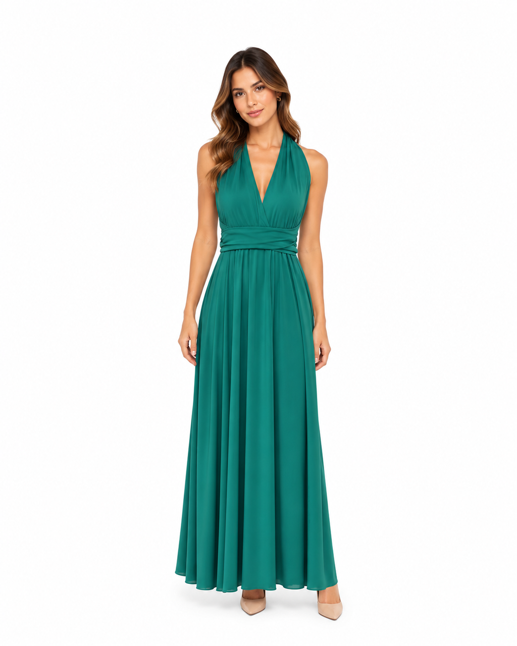 Arriendo de Vestido largo verde oscuro multiforma con tajo largo