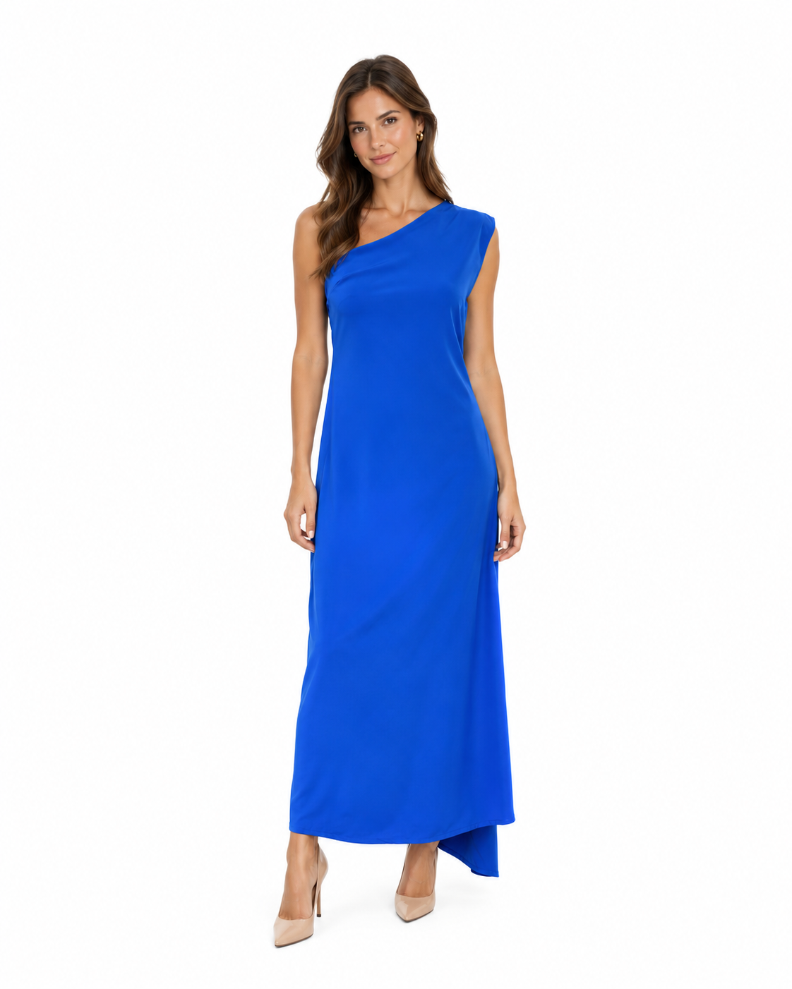 Arriendo de vestido azul eléctrico de un hombro con una media capa español