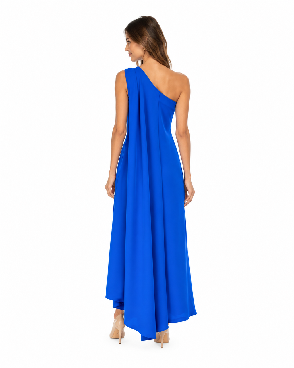 Arriendo de vestido azul eléctrico de un hombro con una media capa español