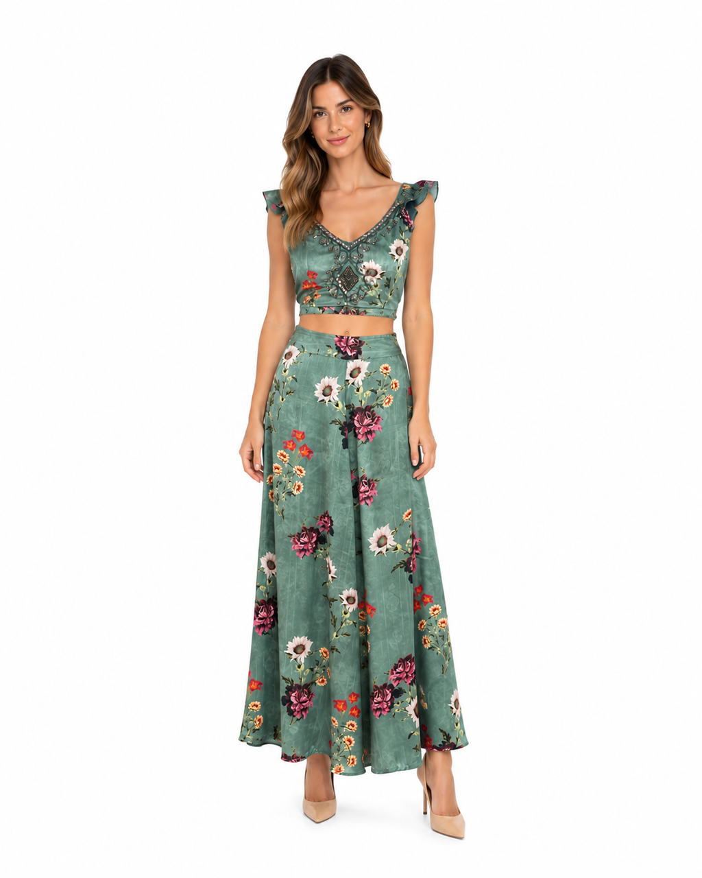 Arriendo de conjunto largo india chic verde con flores