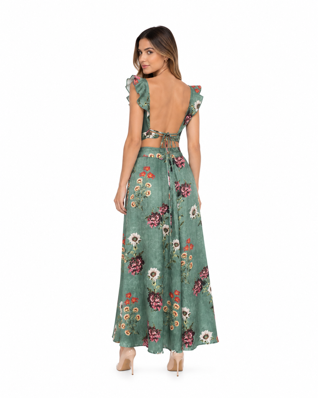 Arriendo de conjunto largo india chic verde con flores