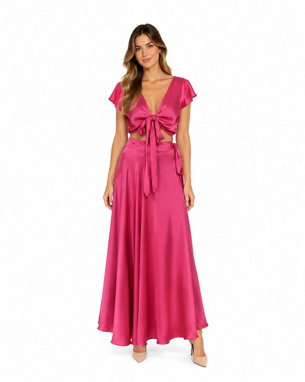 Arriendo de conjunto largo fucsia con vuelos en mangas
