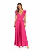 Arriendo de Vestido lycra largo fucsia con manguitas