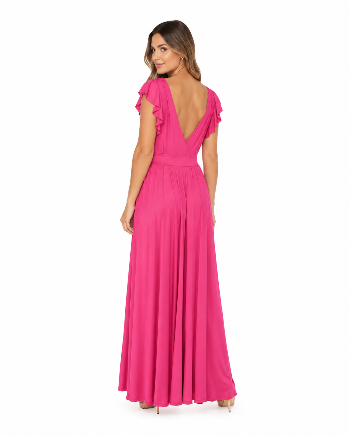 Arriendo de Vestido lycra largo fucsia con manguitas