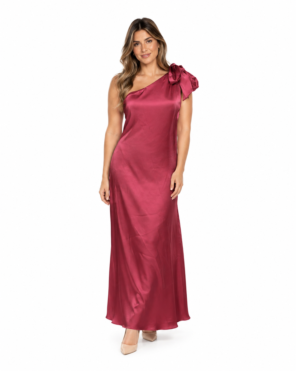 Arriendo de vestido largo asimetrico burdeo con cinta nuevo