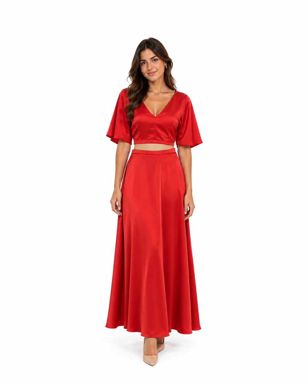 Arriendo de conjunto largo rojo de seda con manga y amarre atrás