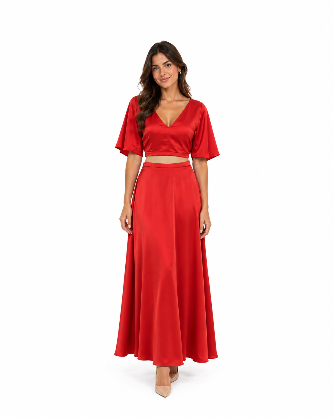 Arriendo de conjunto largo rojo de seda con manga y amarre atrás