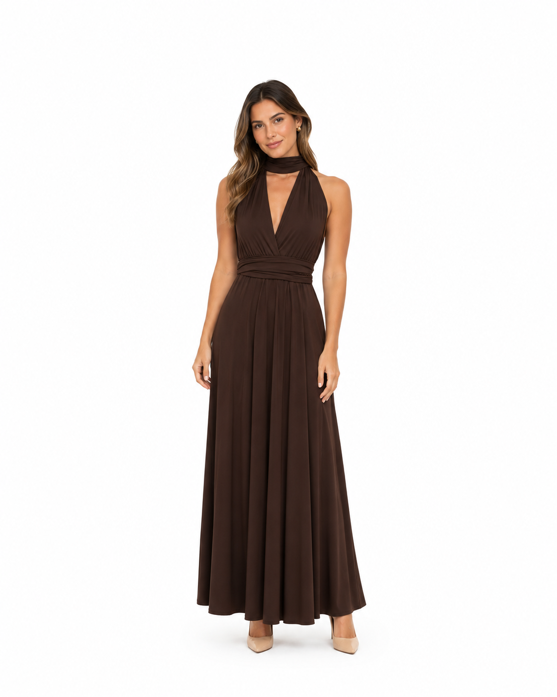Arriendo de Vestido largo multiforma cafe de lycra