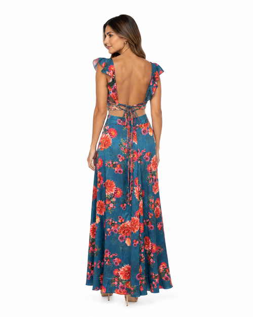 Arriendo de conjunto color azul estampado con flores marca india chic