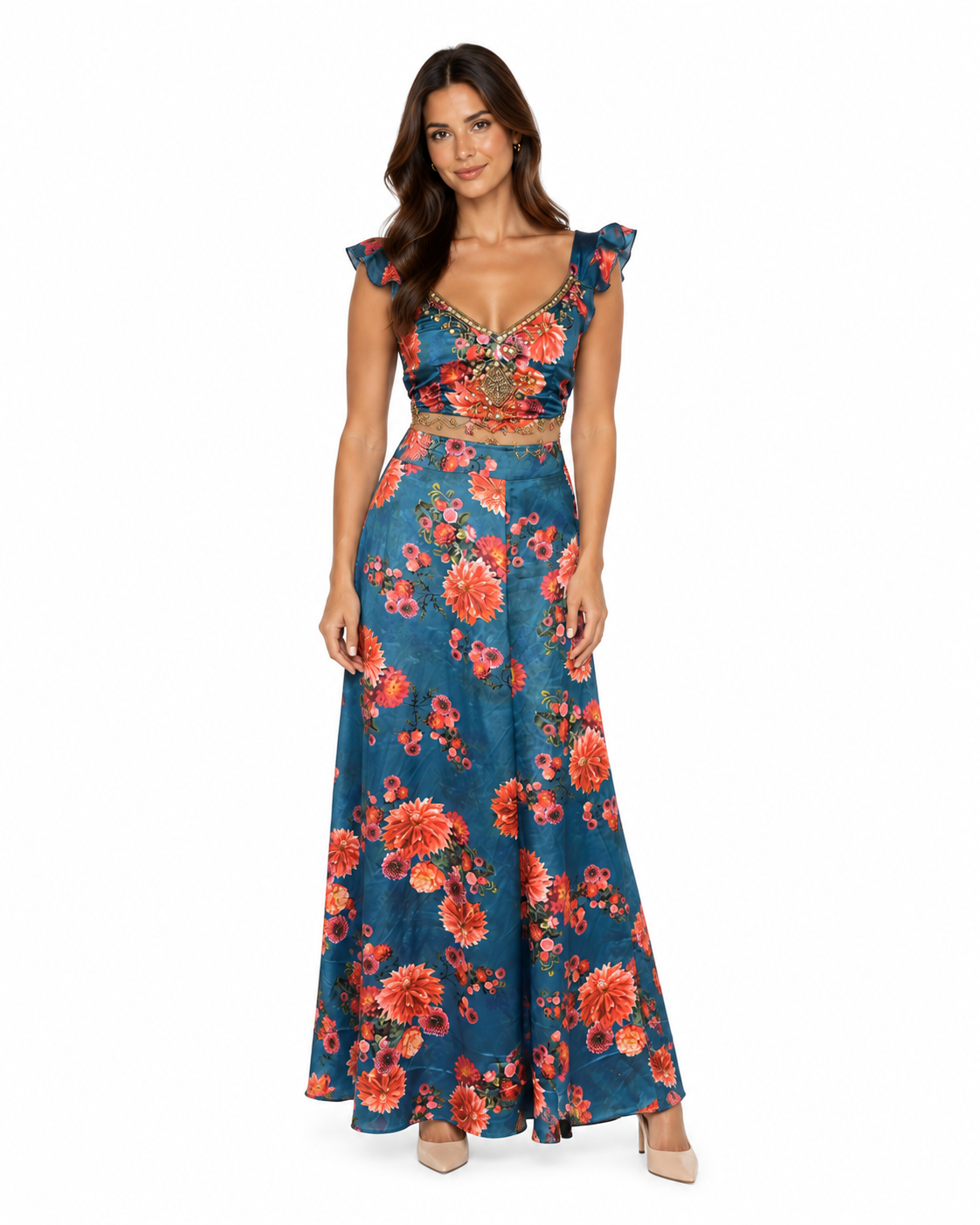 Arriendo de conjunto color azul estampado con flores marca india chic
