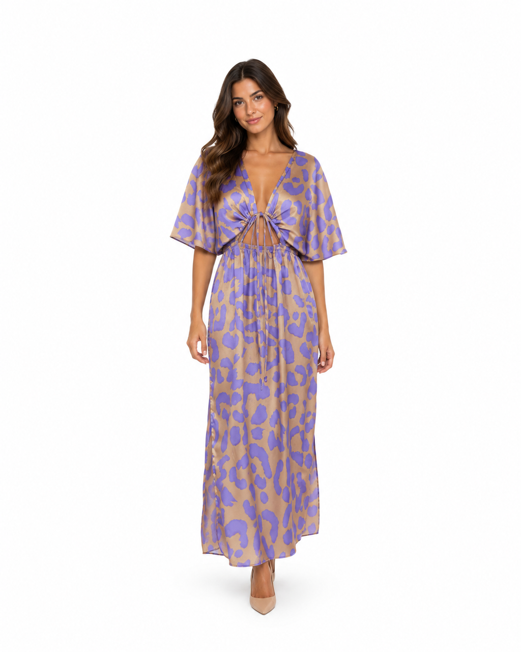 Arriendo de Vestido largo midi estampado animal print dorado y morado con circulo en escote y mangas murcielago