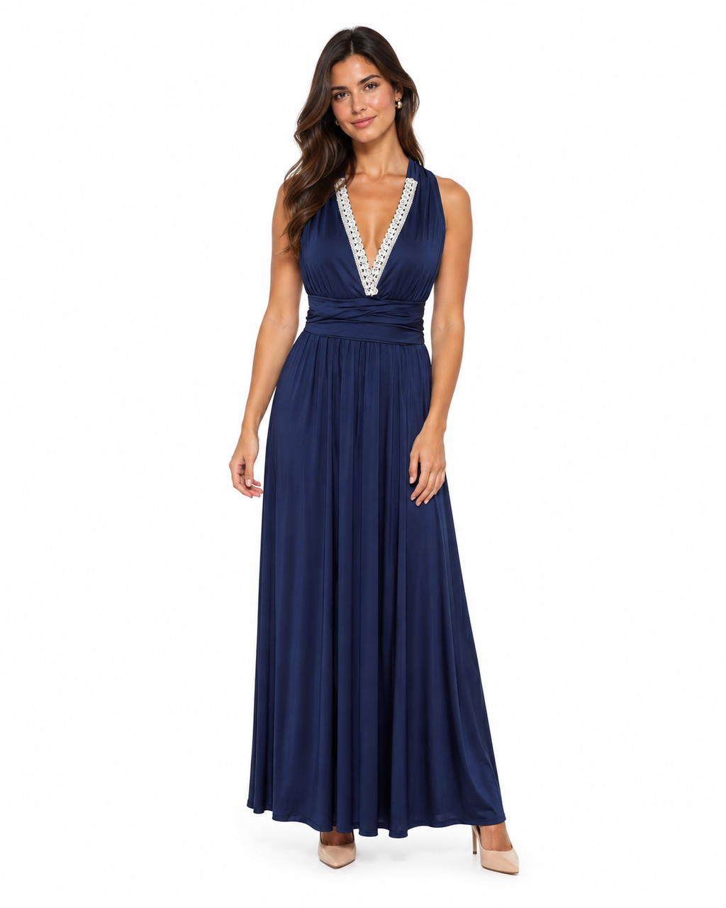 Arriendo de vestido largo azul con detalles plateados armable