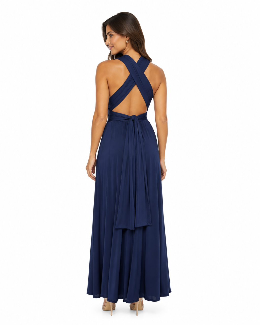 Arriendo de vestido largo azul con detalles plateados armable