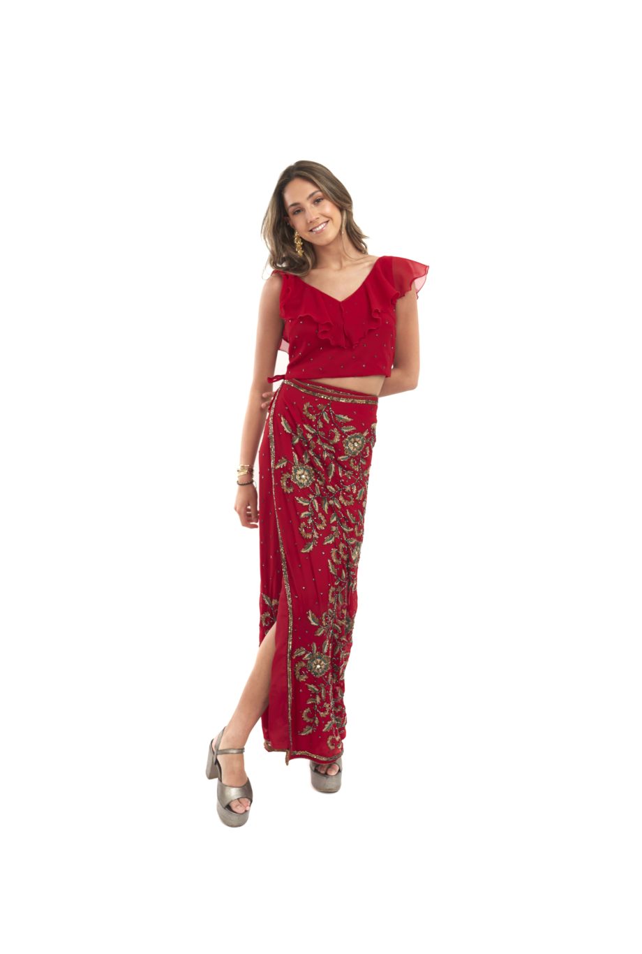 Arriendo de Conjunto Roca top y pollera rojo con mostacillas