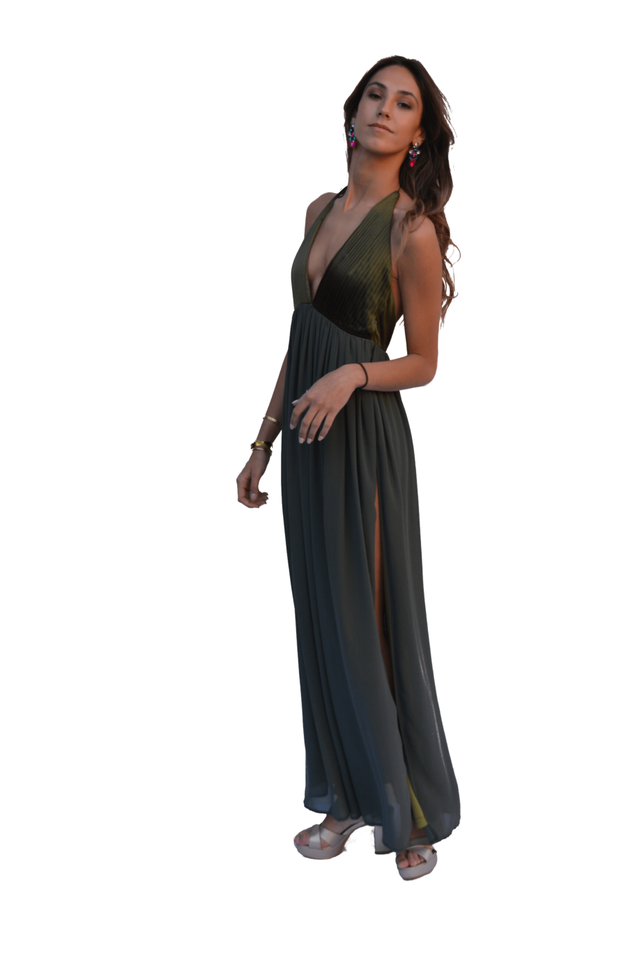 Arriendo de Vestido largo verde musgo escote en V