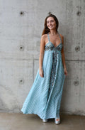 Arriendo de Vestido largo India Chic celeste con mostacillas