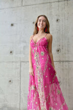 Arriendo de Vestido largo fucsia con mostacillas India Chic