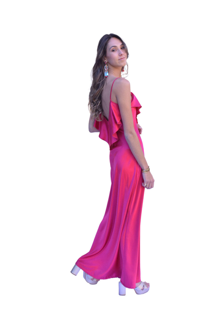 Arriendo de Vestido seda fucsia